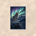 Aurora Wolf Howl — 24x36 in art print poster, premium luster paper with a white border; poster shown straight on against a warm wall.