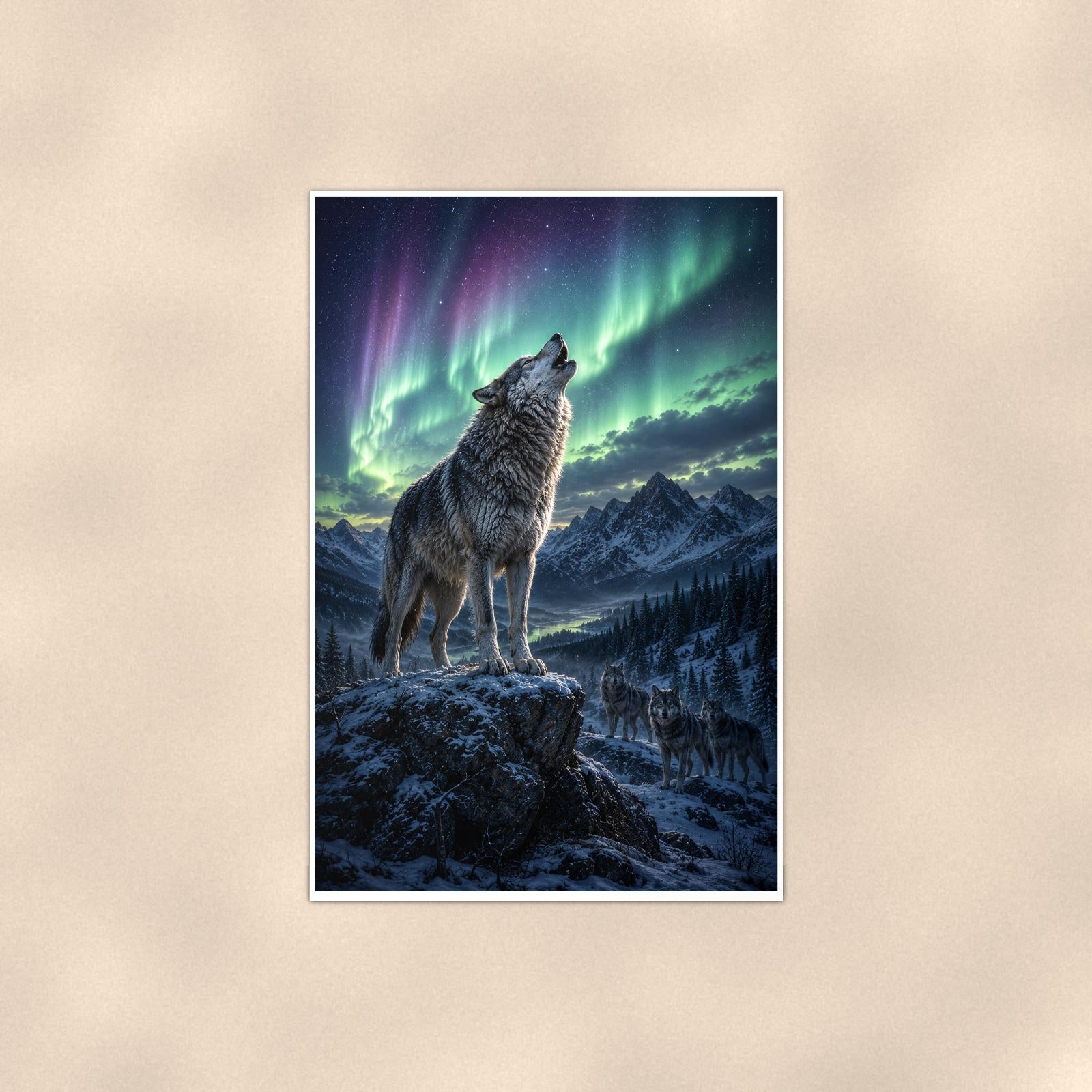 Aurora Wolf Howl — 24x36 in art print poster, premium luster paper with a white border; poster shown straight on against a warm wall.