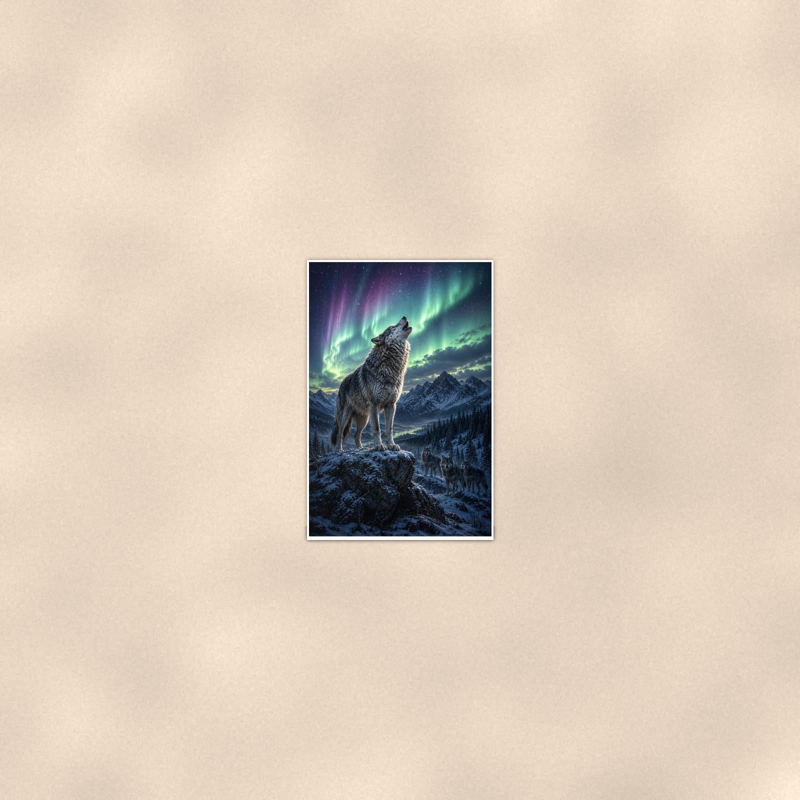 Aurora Wolf Howl — 24x36 in art print poster, premium luster paper with a white border; poster seen from further back, at true 24x36 in scale on a warm wall.