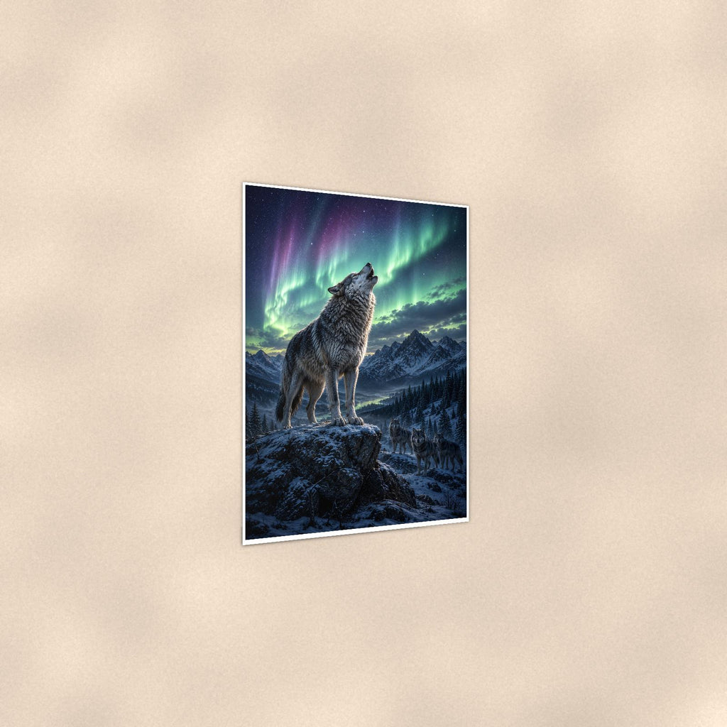 Aurora Wolf Howl — 24x36 in art print poster, premium luster paper with a white border; gentle three-quarter angle on a warm wall, showing the flat paper edge.