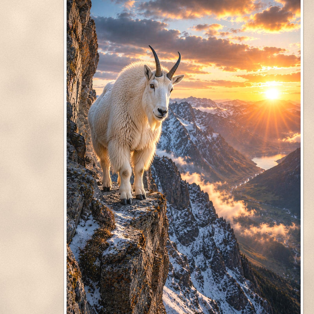 Mountain Goat Cliff — 24x36 in art print poster, premium luster paper with a white border; close-up framed on the main subject of the artwork, paper surface visible.
