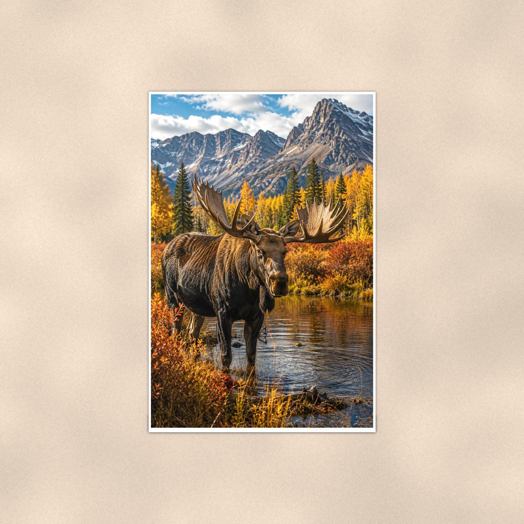 Autumn Moose — 24x36 in art print poster, premium luster paper with a white border; poster shown straight on against a warm wall.