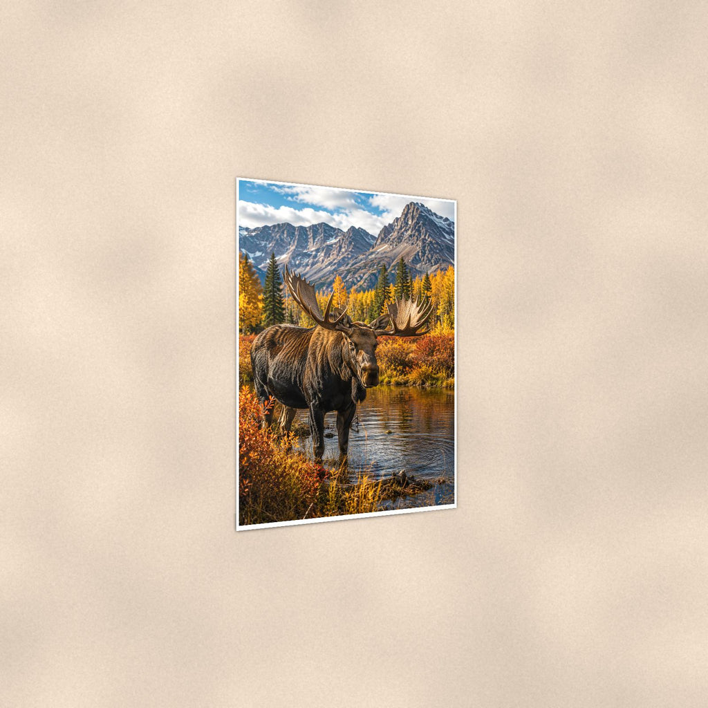 Autumn Moose — 24x36 in art print poster, premium luster paper with a white border; gentle three-quarter angle on a warm wall, showing the flat paper edge.