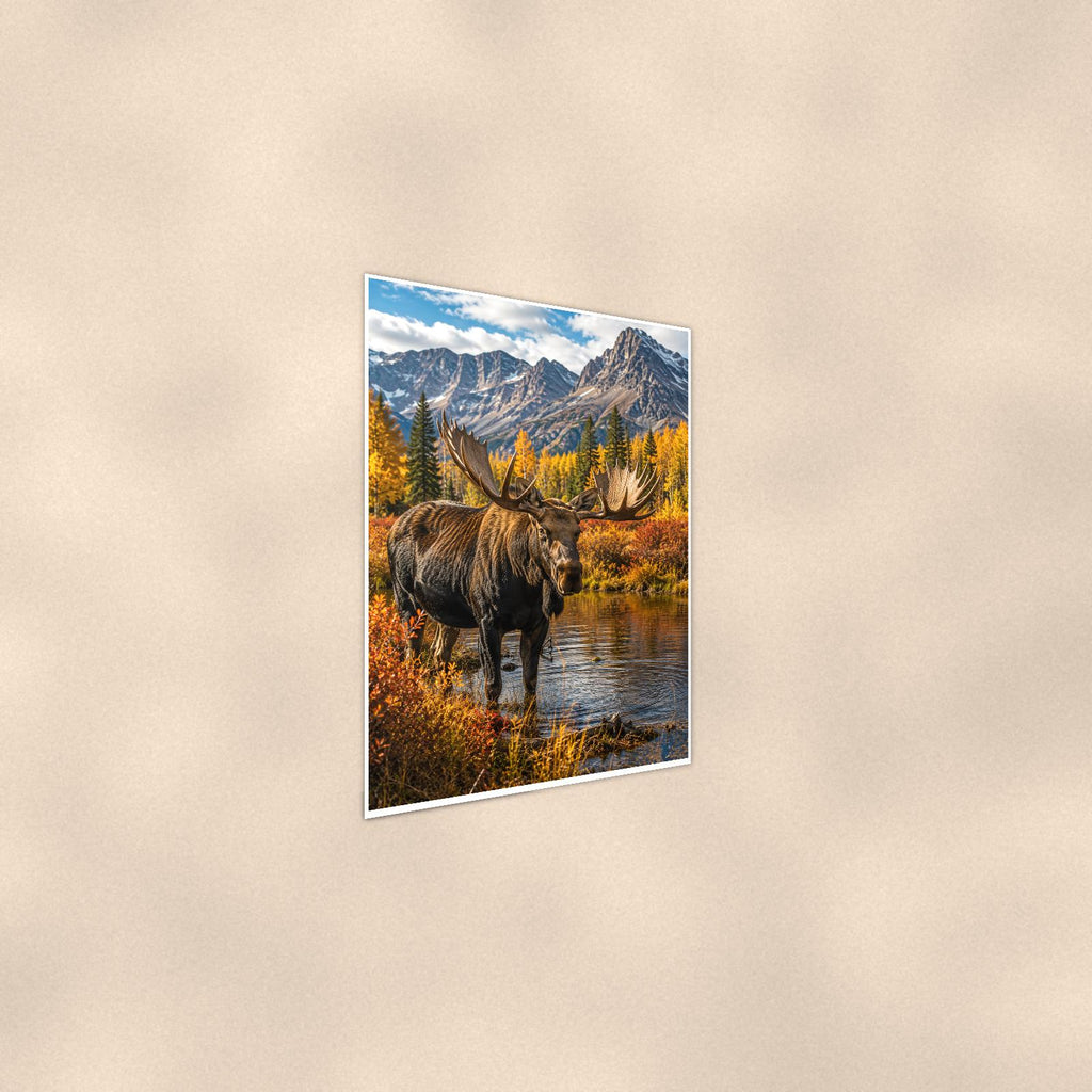 Autumn Moose — 24x36 in art print poster, premium luster paper with a white border; steeper three-quarter angle on a warm wall, catching the luster sheen.