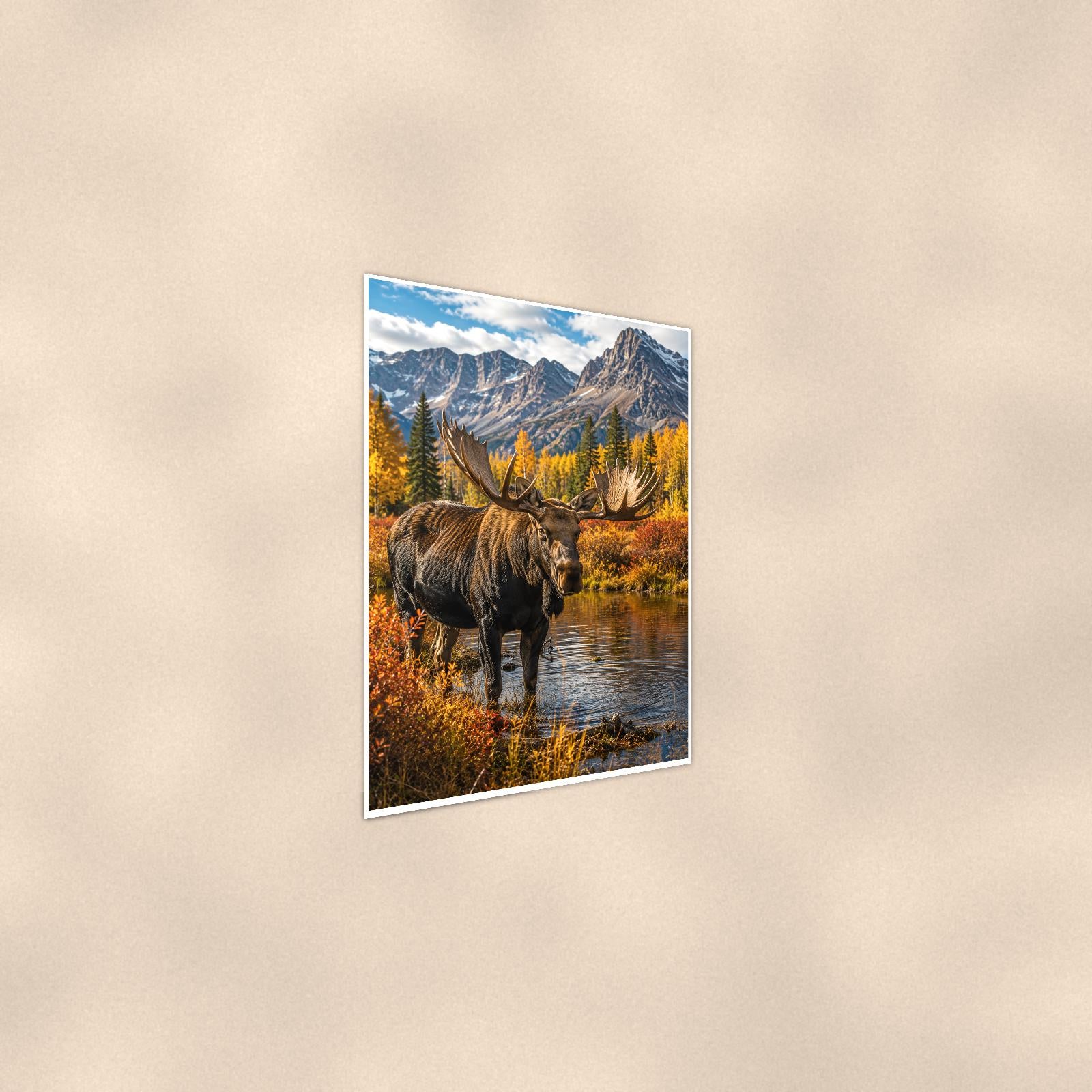 Autumn Moose — 24x36 in art print poster, premium luster paper with a white border; steeper three-quarter angle on a warm wall, catching the luster sheen.