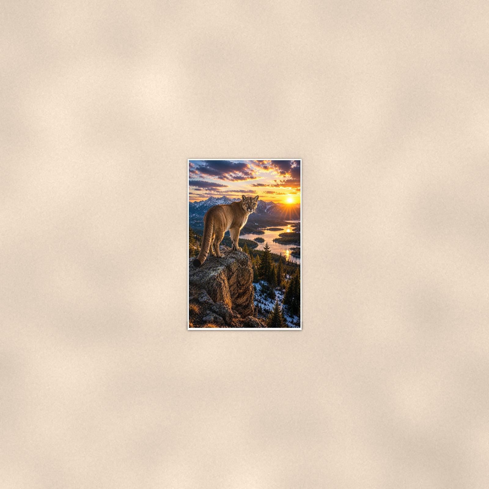 Cougar Overlook — 24x36 in art print poster, premium luster paper with a white border; poster seen from further back, at true 24x36 in scale on a warm wall.