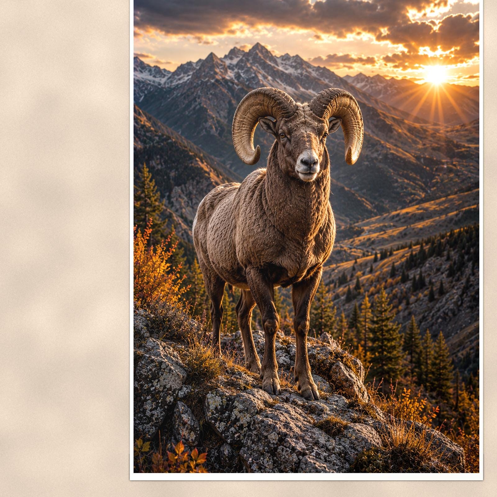 Bighorn Sunset — 24x36 in art print poster, premium luster paper with a white border; close-up framed on the main subject of the artwork, paper surface visible.