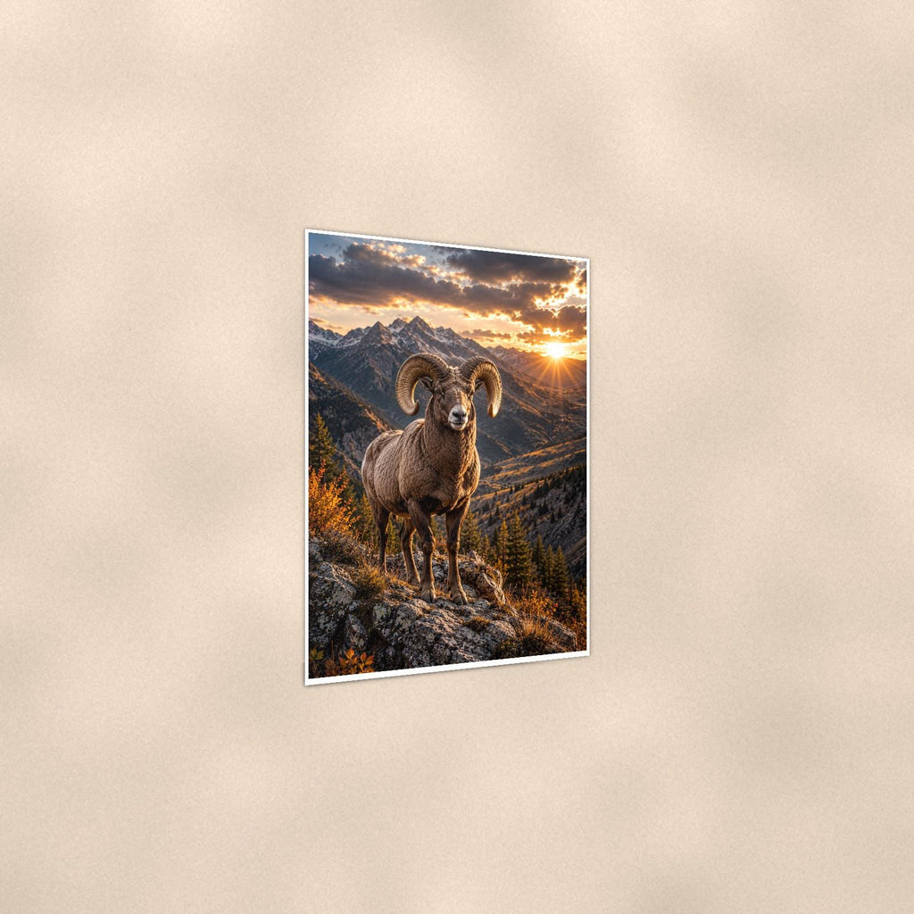 Bighorn Sunset — 24x36 in art print poster, premium luster paper with a white border; gentle three-quarter angle on a warm wall, showing the flat paper edge.