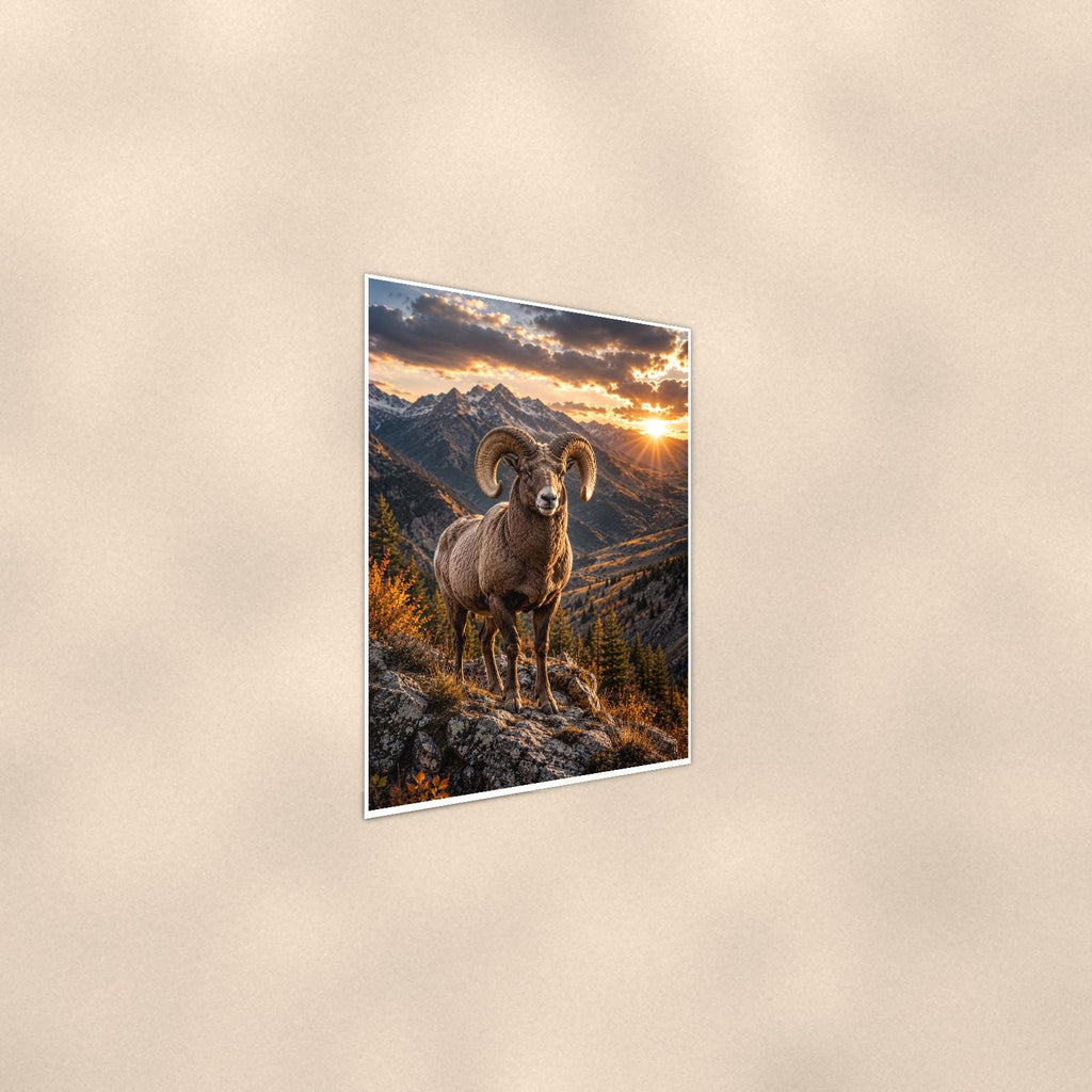 Bighorn Sunset — 24x36 in art print poster, premium luster paper with a white border; steeper three-quarter angle on a warm wall, catching the luster sheen.