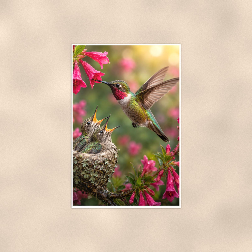 Hummingbird Nest — 24x36 in art print poster, premium luster paper with a white border; poster shown straight on against a warm wall.