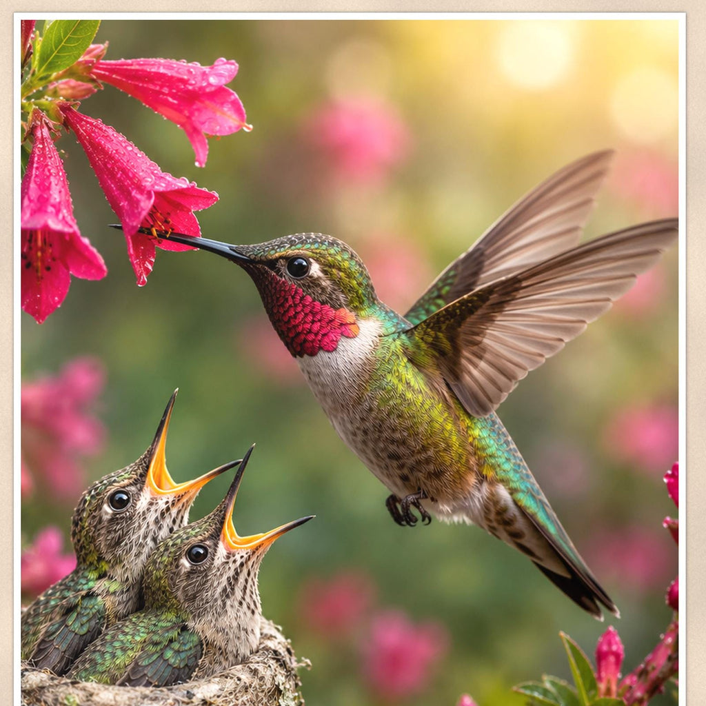 Hummingbird Nest — 24x36 in art print poster, premium luster paper with a white border; close-up framed on the main subject of the artwork, paper surface visible.