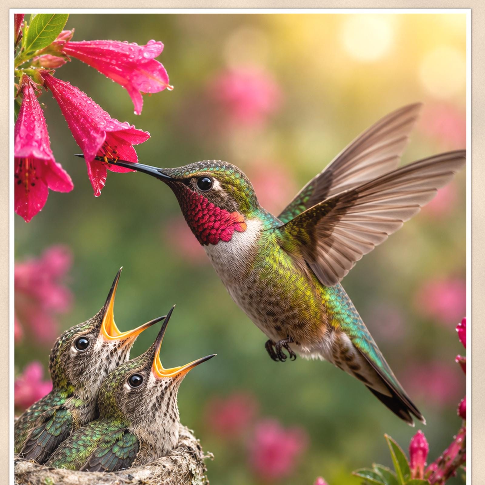 Hummingbird Nest — 24x36 in art print poster, premium luster paper with a white border; close-up framed on the main subject of the artwork, paper surface visible.