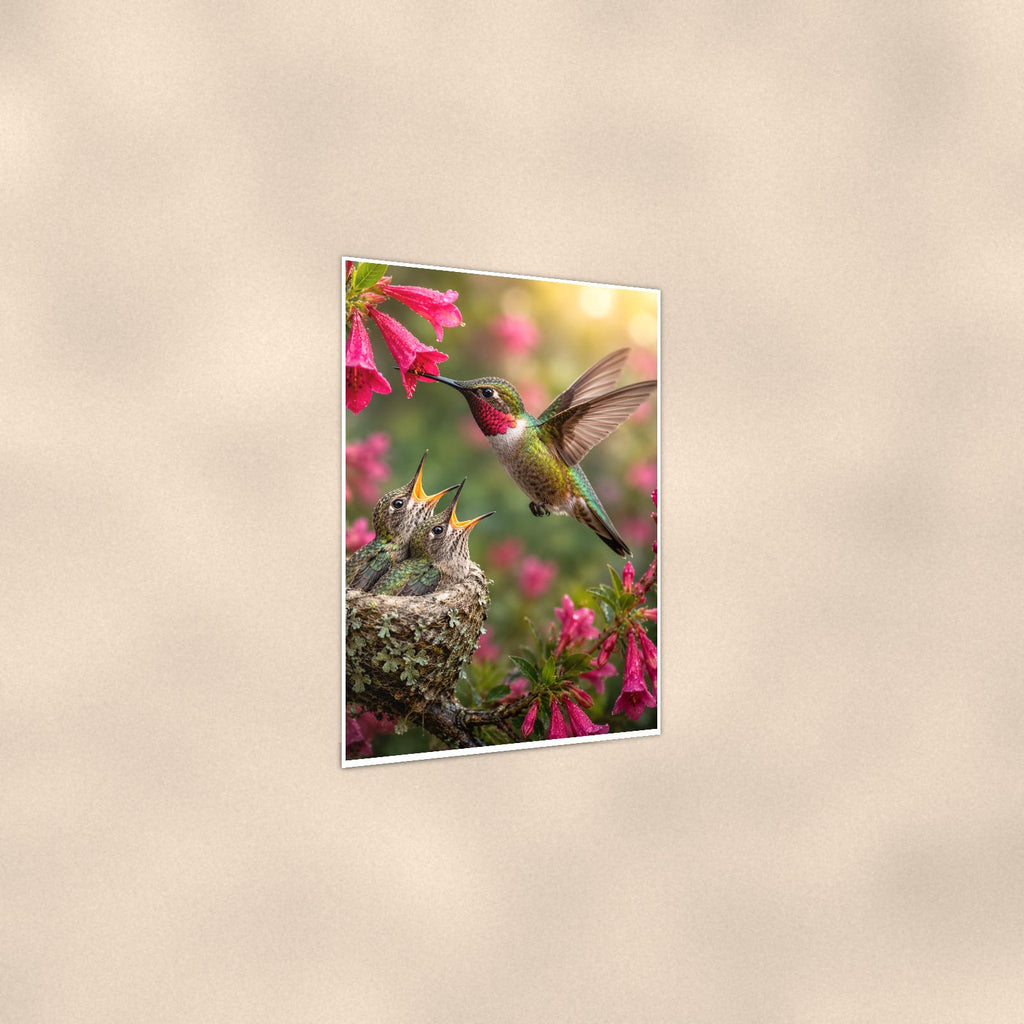 Hummingbird Nest — 24x36 in art print poster, premium luster paper with a white border; gentle three-quarter angle on a warm wall, showing the flat paper edge.