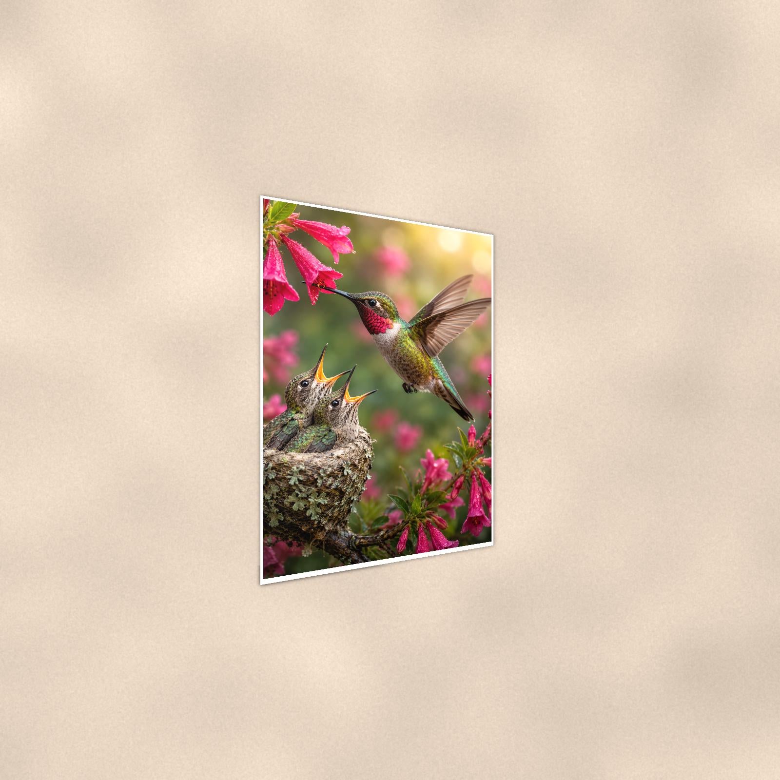 Hummingbird Nest — 24x36 in art print poster, premium luster paper with a white border; steeper three-quarter angle on a warm wall, catching the luster sheen.