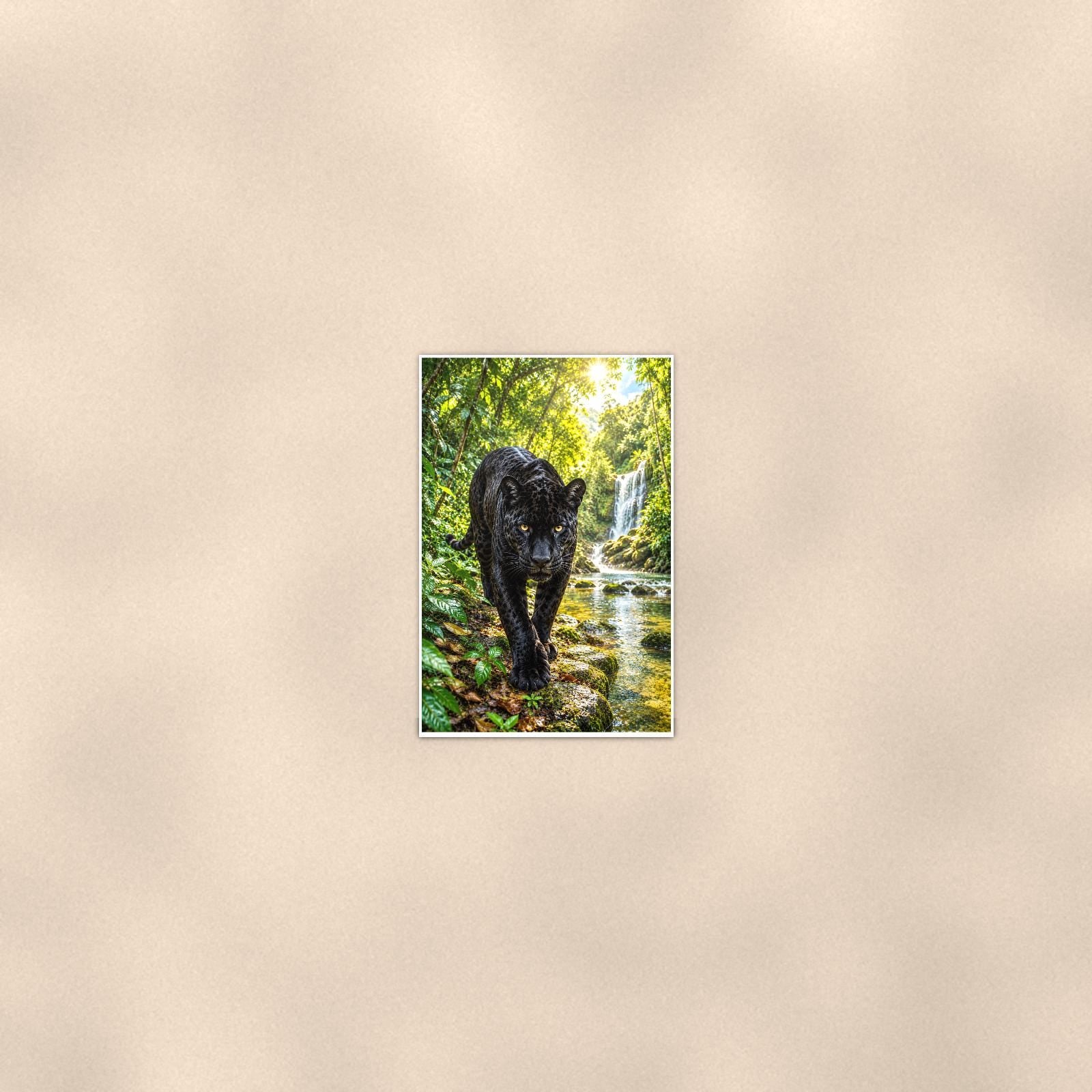 Black Panther Jungle — 24x36 in art print poster, premium luster paper with a white border; poster seen from further back, at true 24x36 in scale on a warm wall.