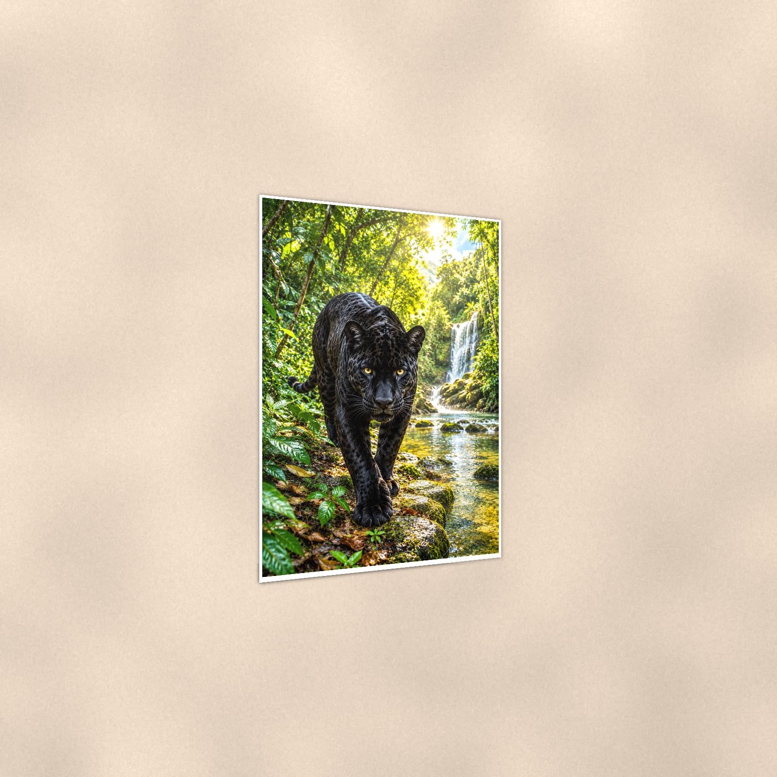 Black Panther Jungle — 24x36 in art print poster, premium luster paper with a white border; gentle three-quarter angle on a warm wall, showing the flat paper edge.