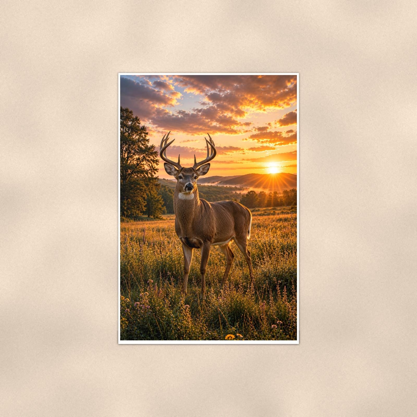 Meadow Buck — 24x36 in art print poster, premium luster paper with a white border; poster shown straight on against a warm wall.