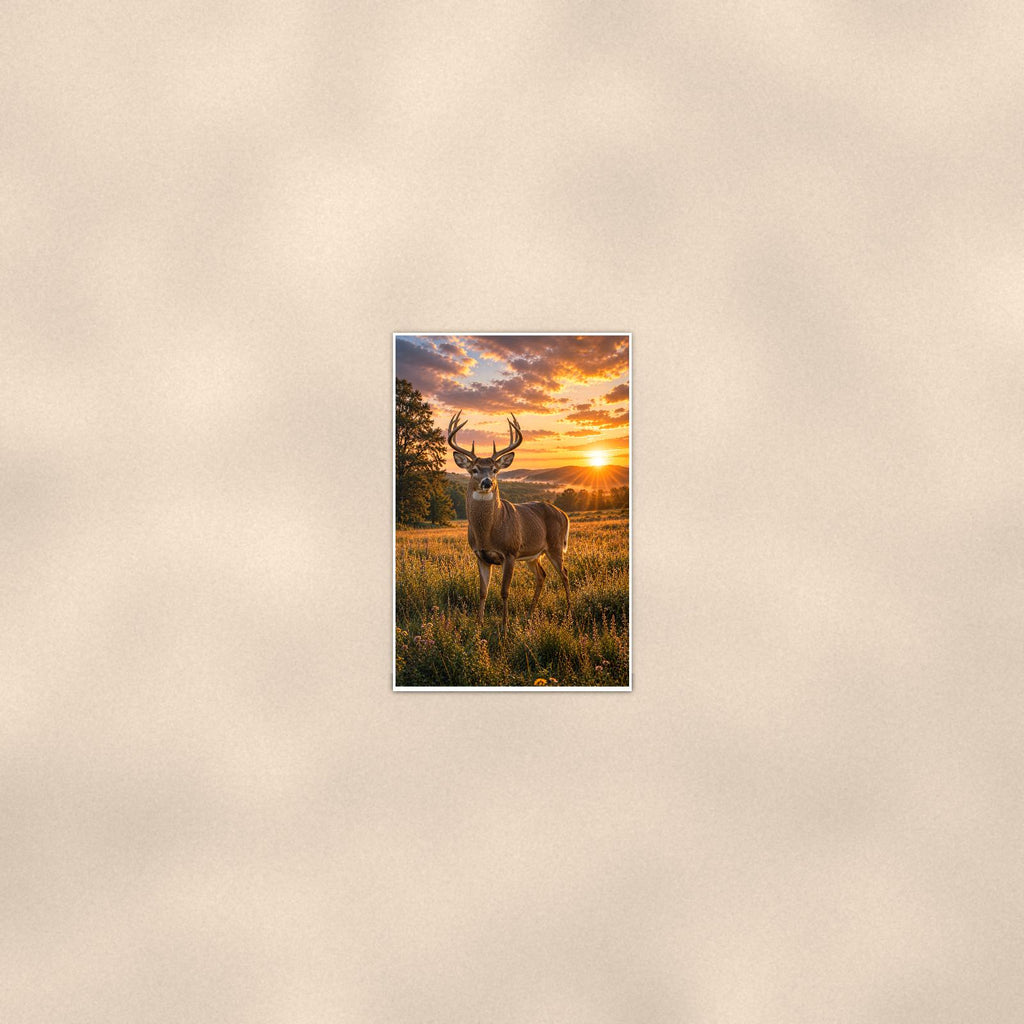 Meadow Buck — 24x36 in art print poster, premium luster paper with a white border; poster seen from further back, at true 24x36 in scale on a warm wall.