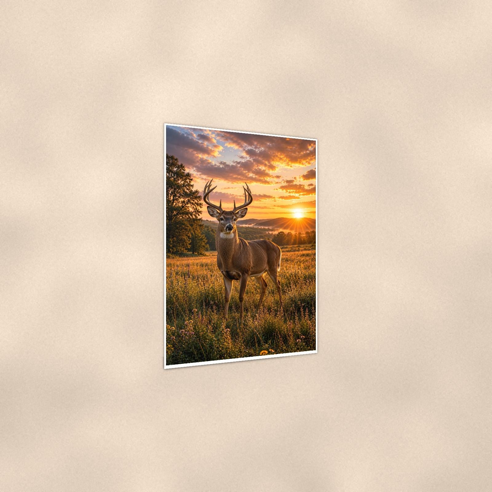 Meadow Buck — 24x36 in art print poster, premium luster paper with a white border; gentle three-quarter angle on a warm wall, showing the flat paper edge.