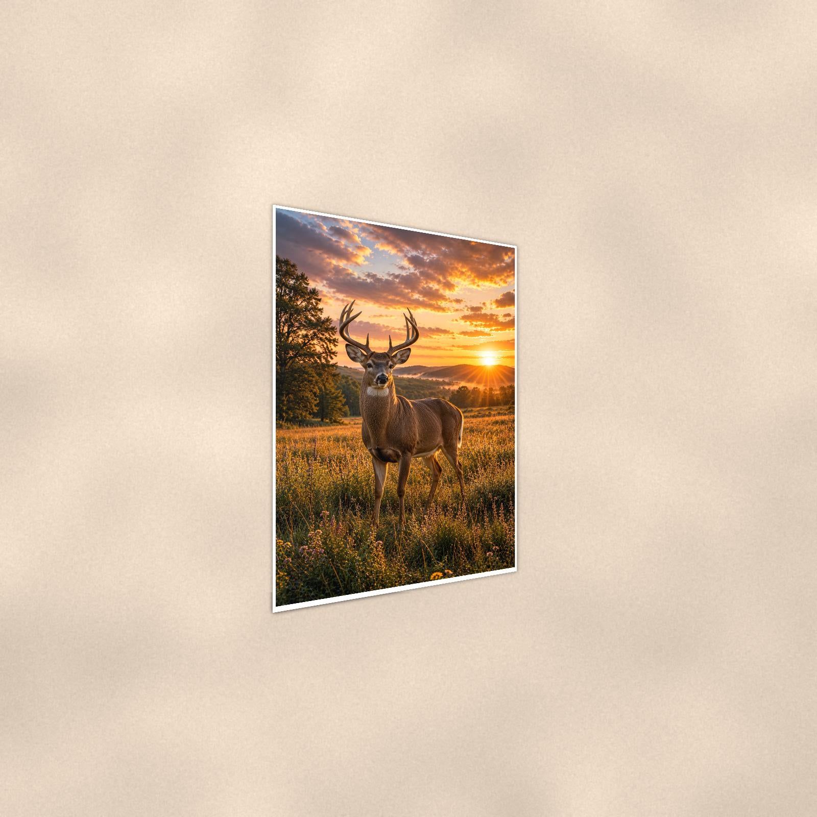 Meadow Buck — 24x36 in art print poster, premium luster paper with a white border; steeper three-quarter angle on a warm wall, catching the luster sheen.