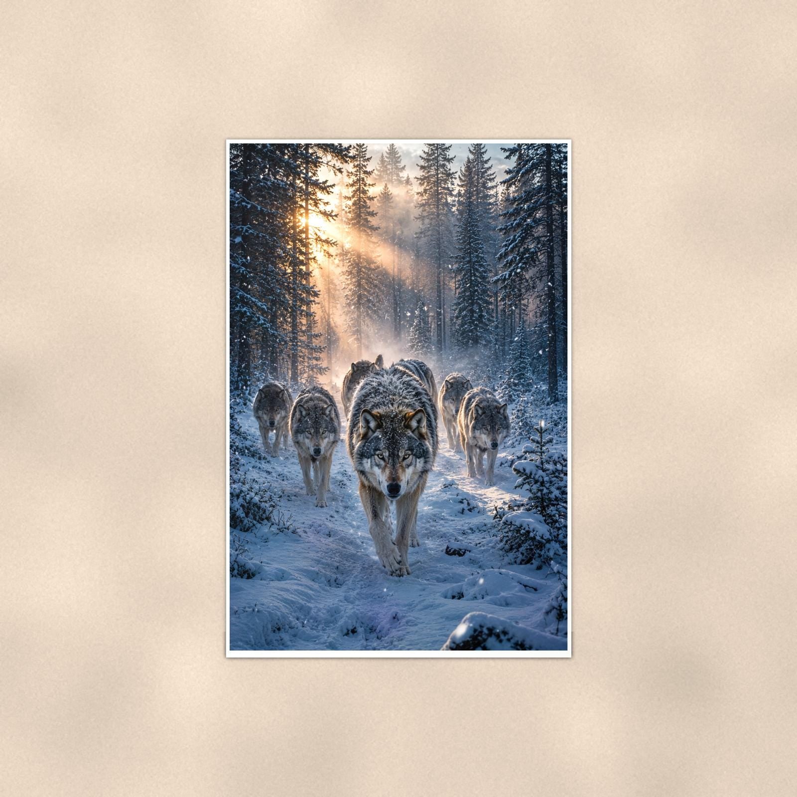 Wolf Pack Winter — 24x36 in art print poster, premium luster paper with a white border; poster shown straight on against a warm wall.