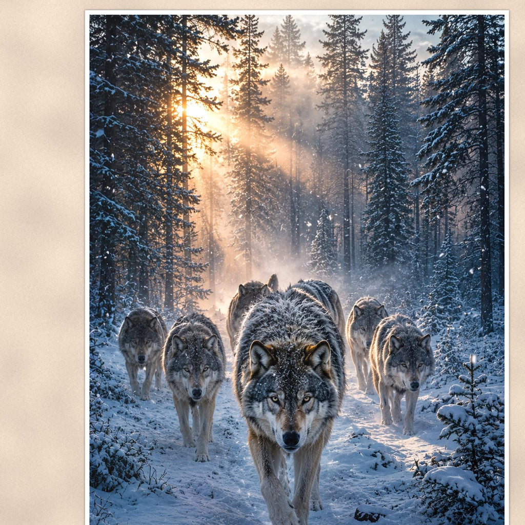 Wolf Pack Winter — 24x36 in art print poster, premium luster paper with a white border; close-up framed on the main subject of the artwork, paper surface visible.
