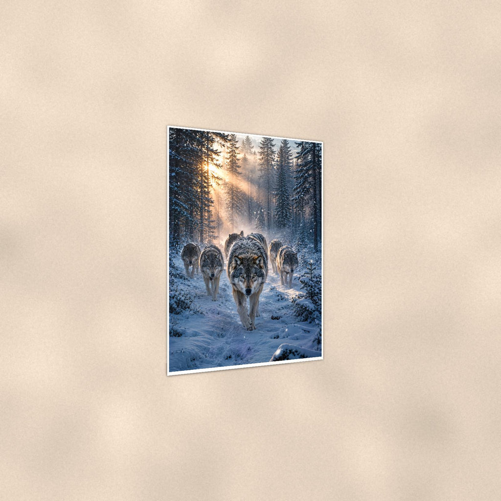 Wolf Pack Winter — 24x36 in art print poster, premium luster paper with a white border; gentle three-quarter angle on a warm wall, showing the flat paper edge.