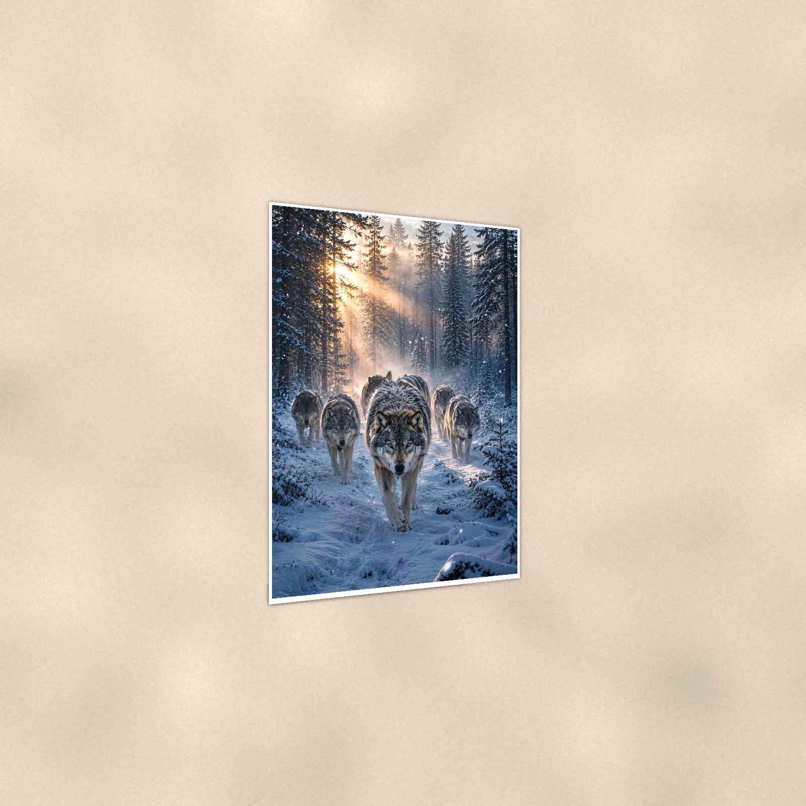 Wolf Pack Winter — 24x36 in art print poster, premium luster paper with a white border; gentle three-quarter angle on a warm wall, showing the flat paper edge.