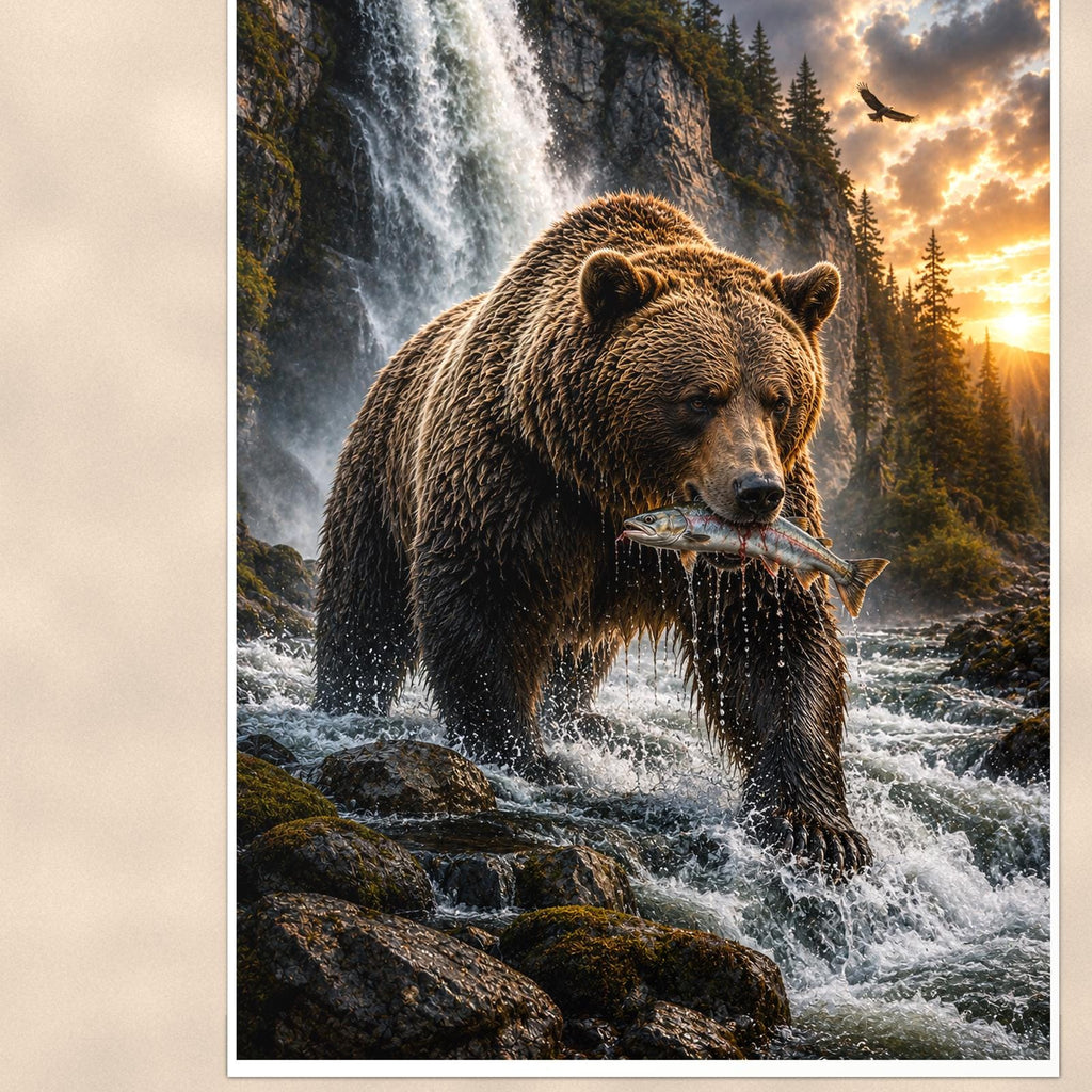 Salmon Run Grizzly — 24x36 in art print poster, premium luster paper with a white border; close-up framed on the main subject of the artwork, paper surface visible.