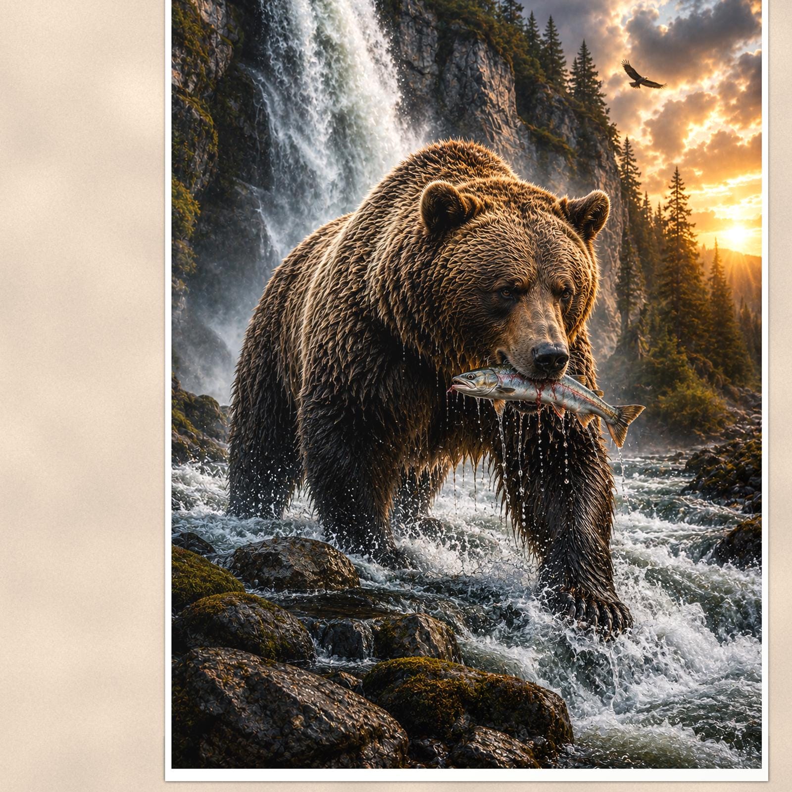 Salmon Run Grizzly — 24x36 in art print poster, premium luster paper with a white border; close-up framed on the main subject of the artwork, paper surface visible.