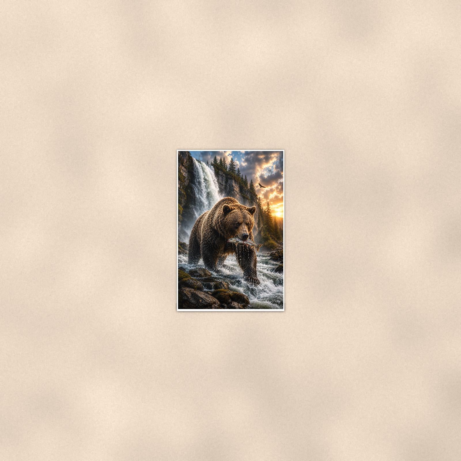 Salmon Run Grizzly — 24x36 in art print poster, premium luster paper with a white border; poster seen from further back, at true 24x36 in scale on a warm wall.