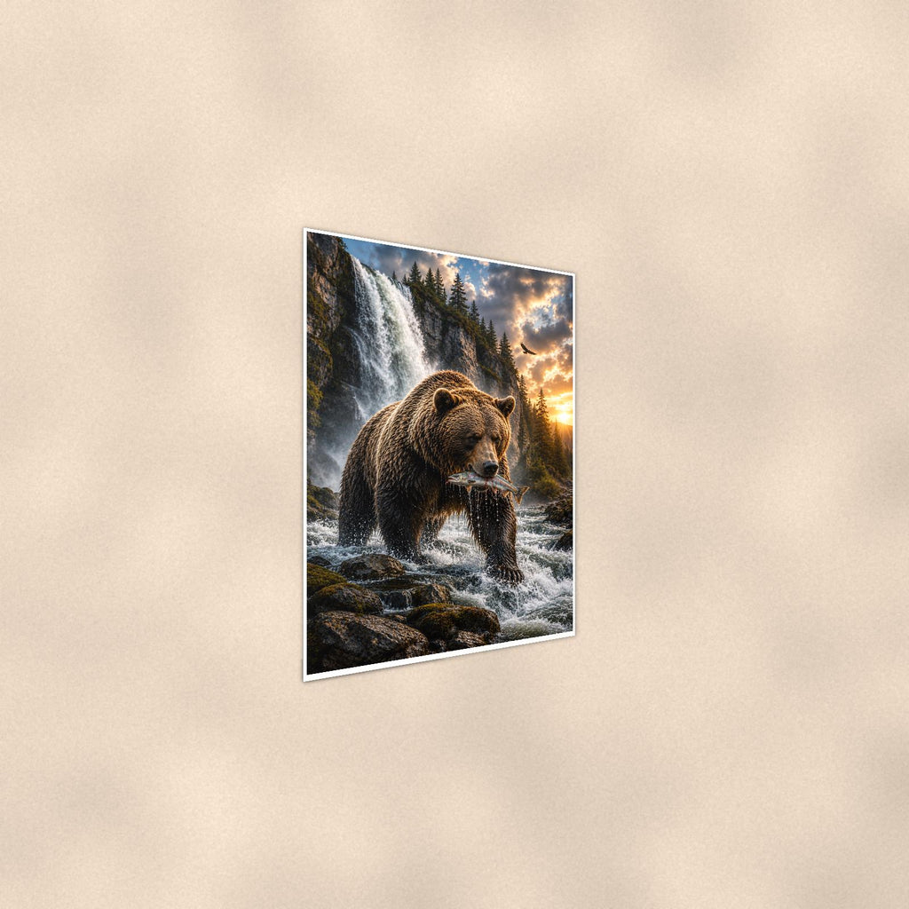 Salmon Run Grizzly — 24x36 in art print poster, premium luster paper with a white border; steeper three-quarter angle on a warm wall, catching the luster sheen.