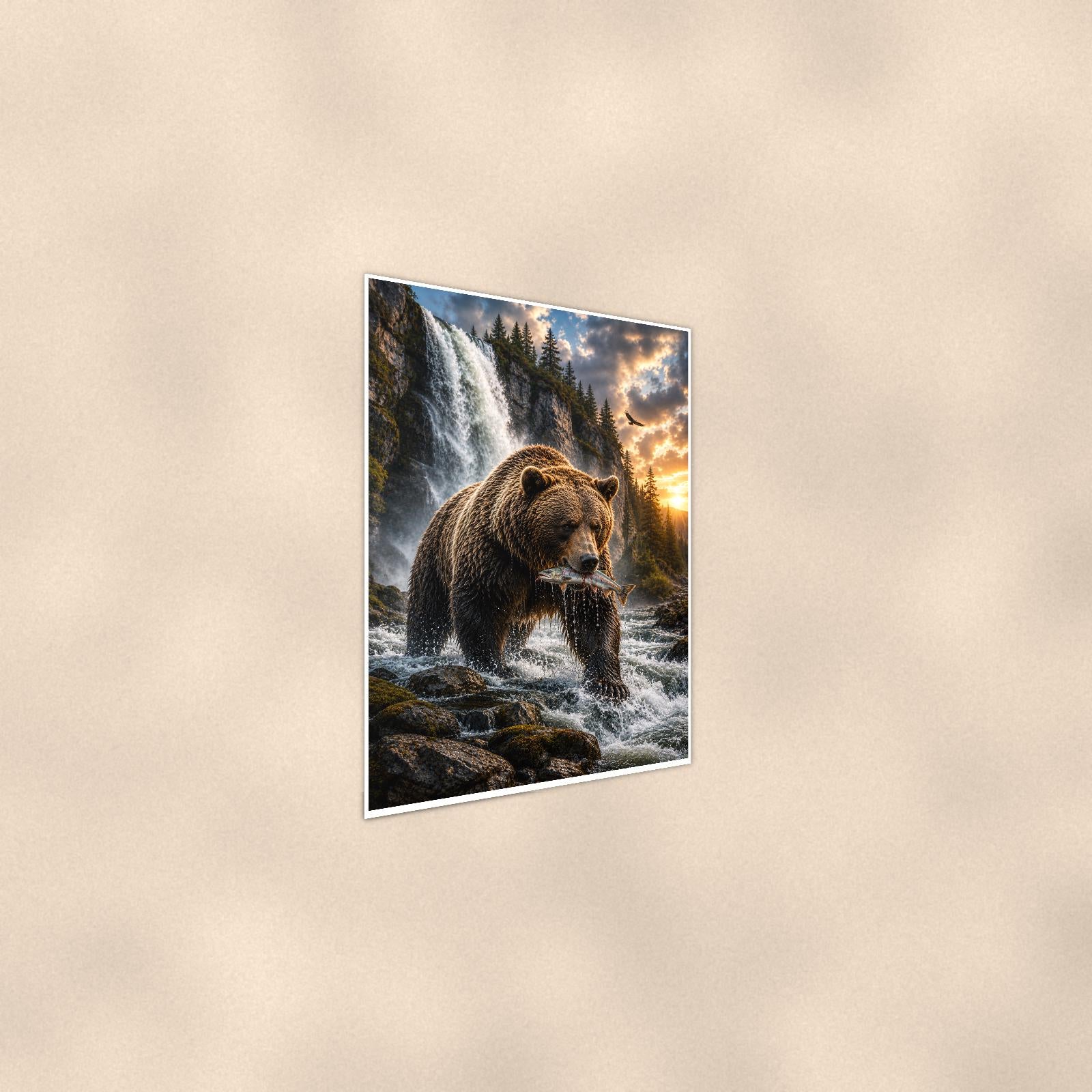 Salmon Run Grizzly — 24x36 in art print poster, premium luster paper with a white border; steeper three-quarter angle on a warm wall, catching the luster sheen.