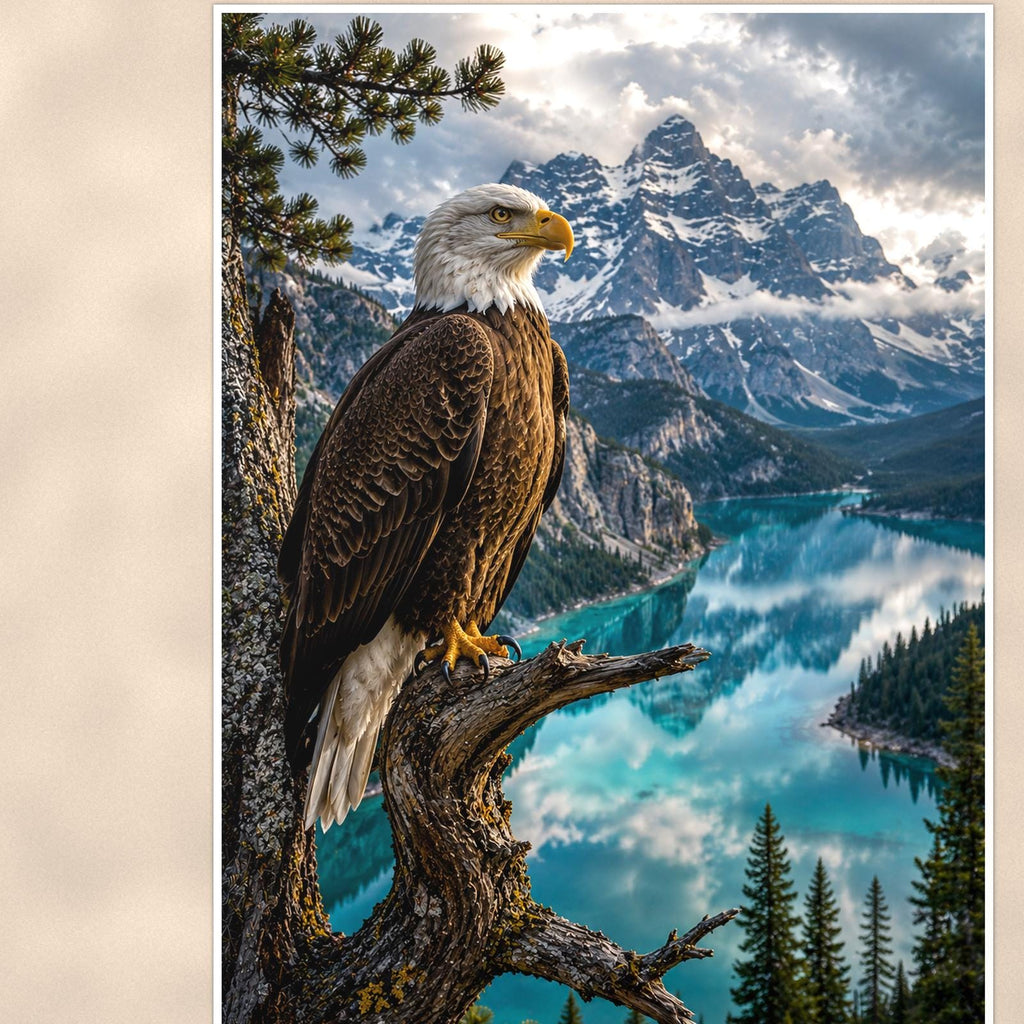 Bald Eagle Lake Overlook — 24x36 in art print poster, premium luster paper with a white border; close-up framed on the main subject of the artwork, paper surface visible.