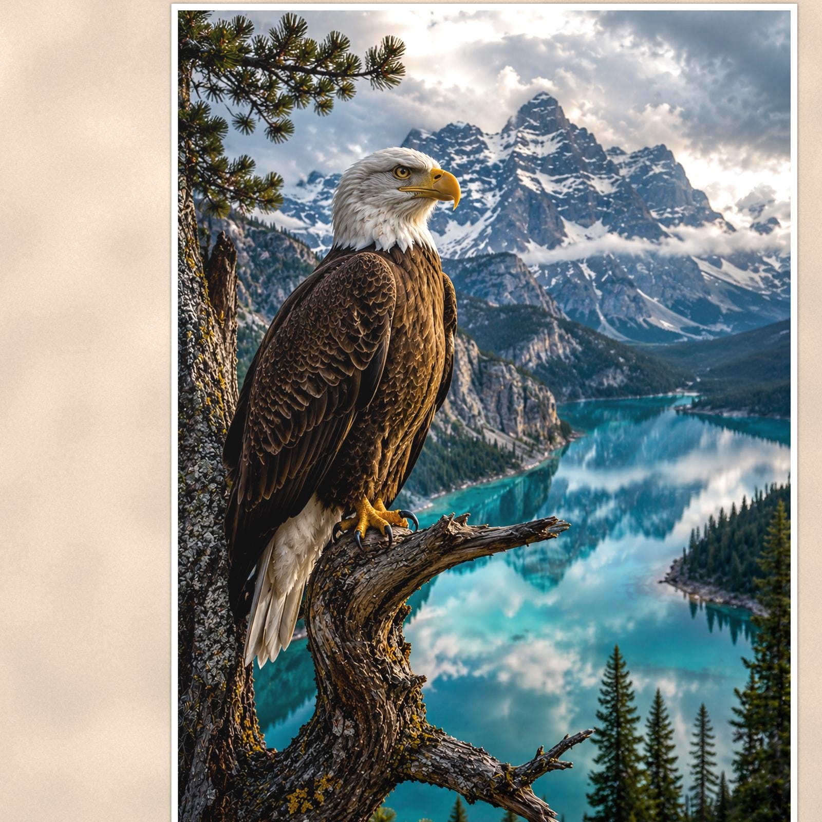 Bald Eagle Lake Overlook — 24x36 in art print poster, premium luster paper with a white border; close-up framed on the main subject of the artwork, paper surface visible.