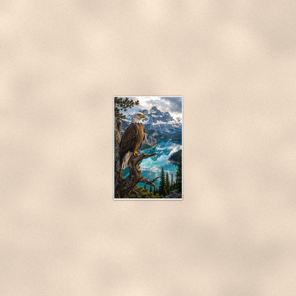 Bald Eagle Lake Overlook — 24x36 in art print poster, premium luster paper with a white border; poster seen from further back, at true 24x36 in scale on a warm wall.
