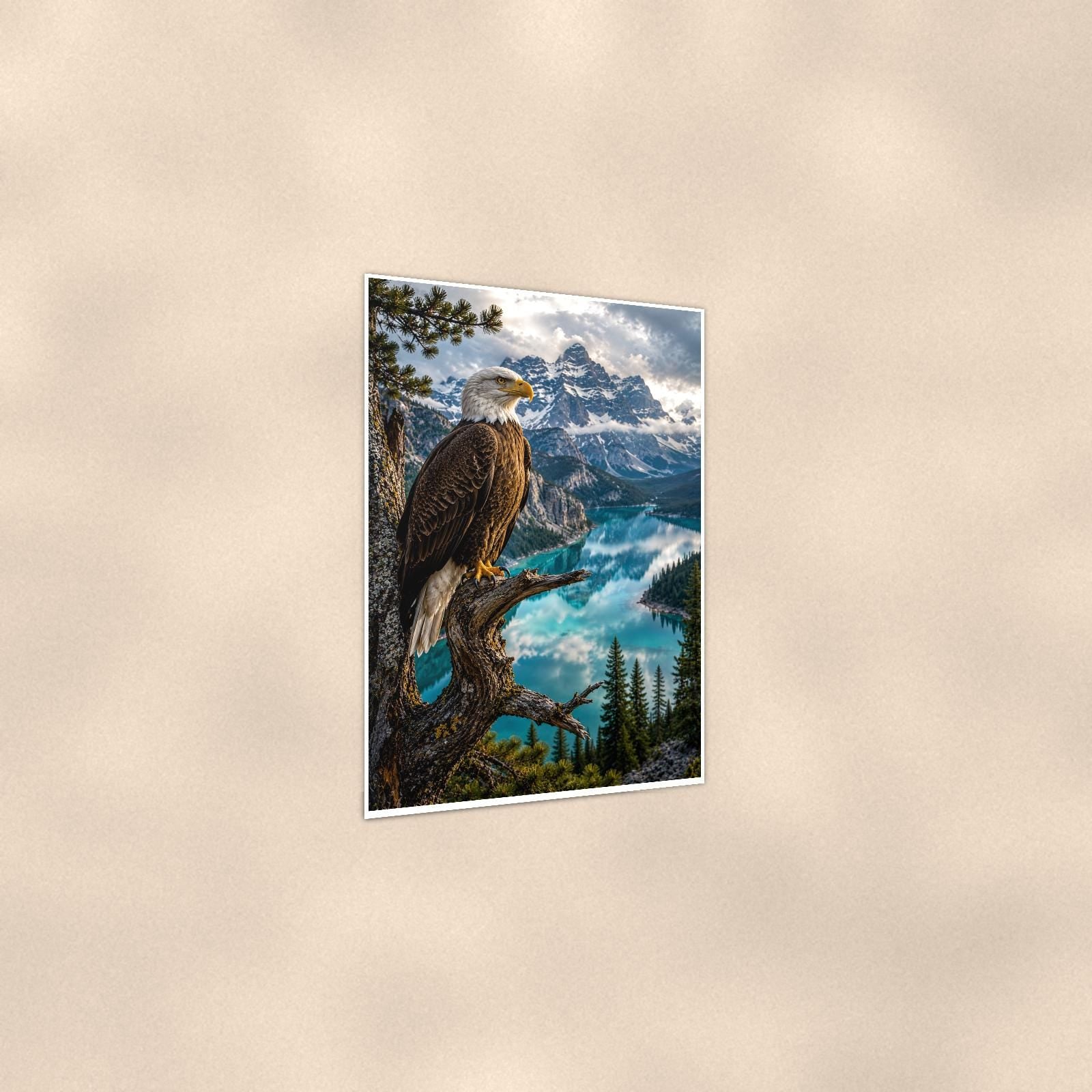 Bald Eagle Lake Overlook — 24x36 in art print poster, premium luster paper with a white border; gentle three-quarter angle on a warm wall, showing the flat paper edge.