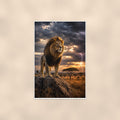 Storm Lion — 24x36 in art print poster, premium luster paper with a white border; poster shown straight on against a warm wall.