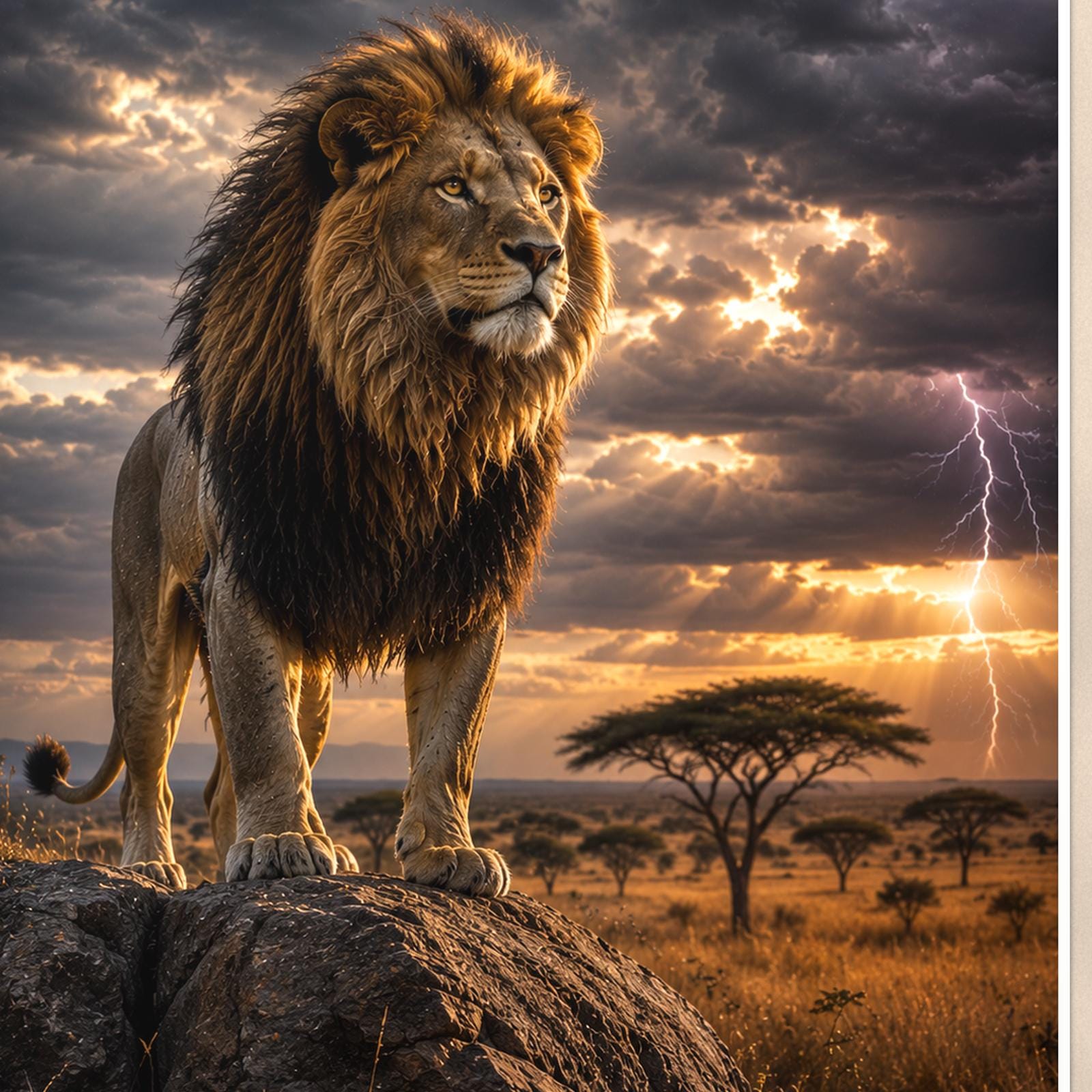 Storm Lion — 24x36 in art print poster, premium luster paper with a white border; close-up framed on the main subject of the artwork, paper surface visible.