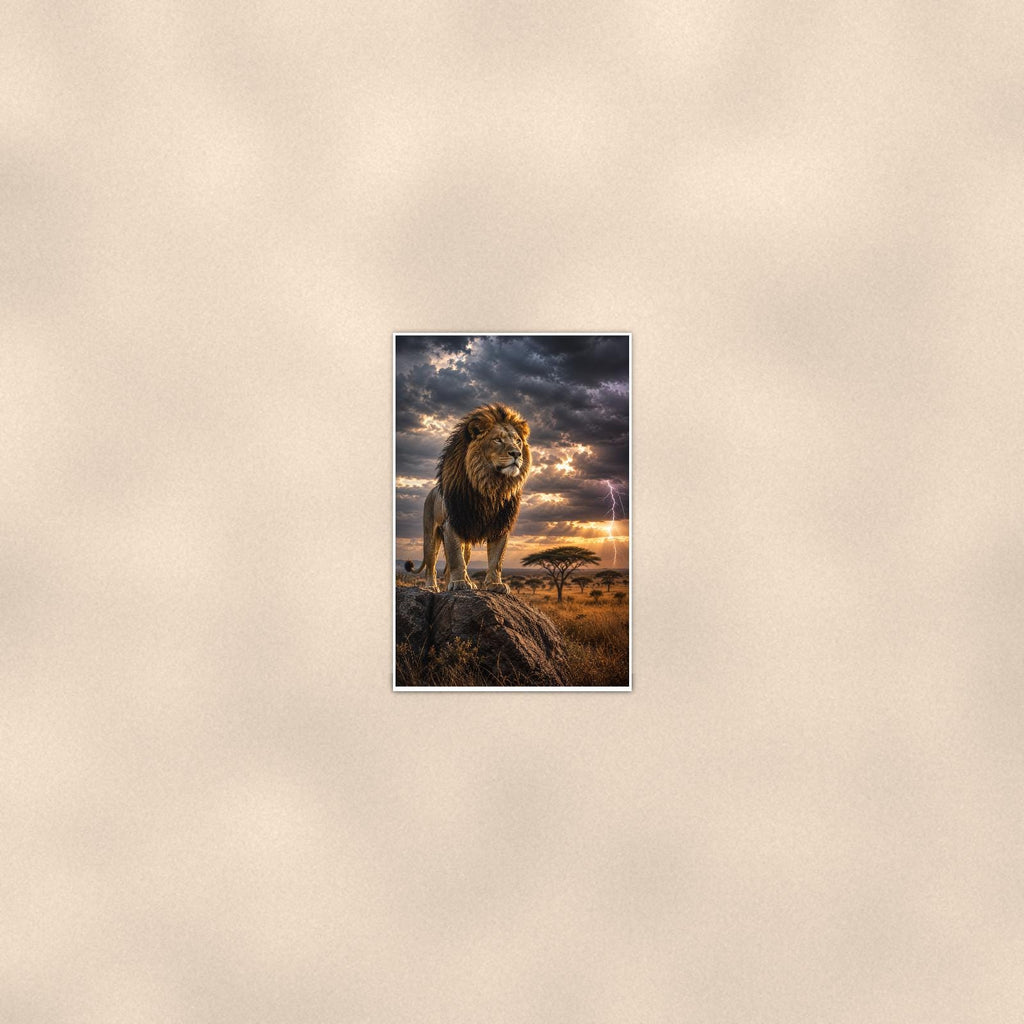 Storm Lion — 24x36 in art print poster, premium luster paper with a white border; poster seen from further back, at true 24x36 in scale on a warm wall.