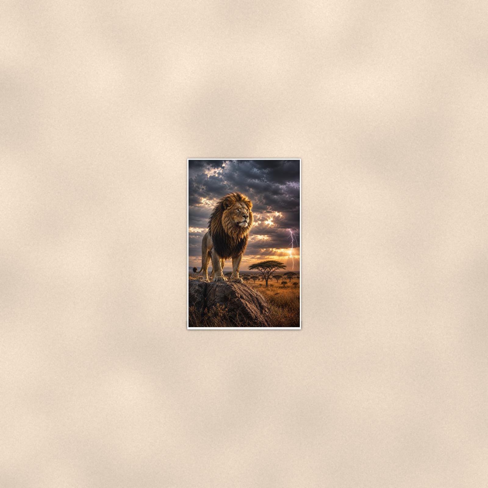 Storm Lion — 24x36 in art print poster, premium luster paper with a white border; poster seen from further back, at true 24x36 in scale on a warm wall.