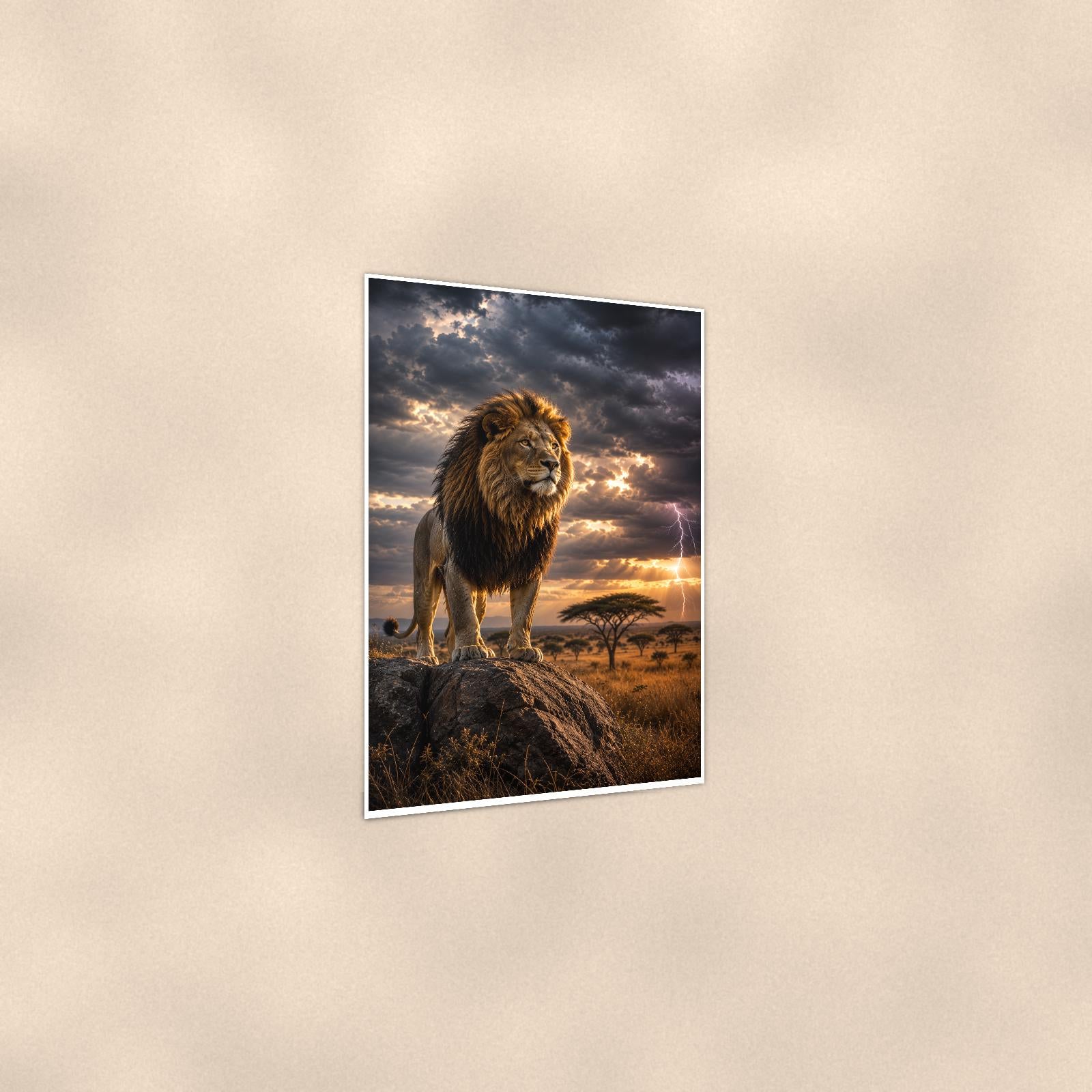 Storm Lion — 24x36 in art print poster, premium luster paper with a white border; gentle three-quarter angle on a warm wall, showing the flat paper edge.