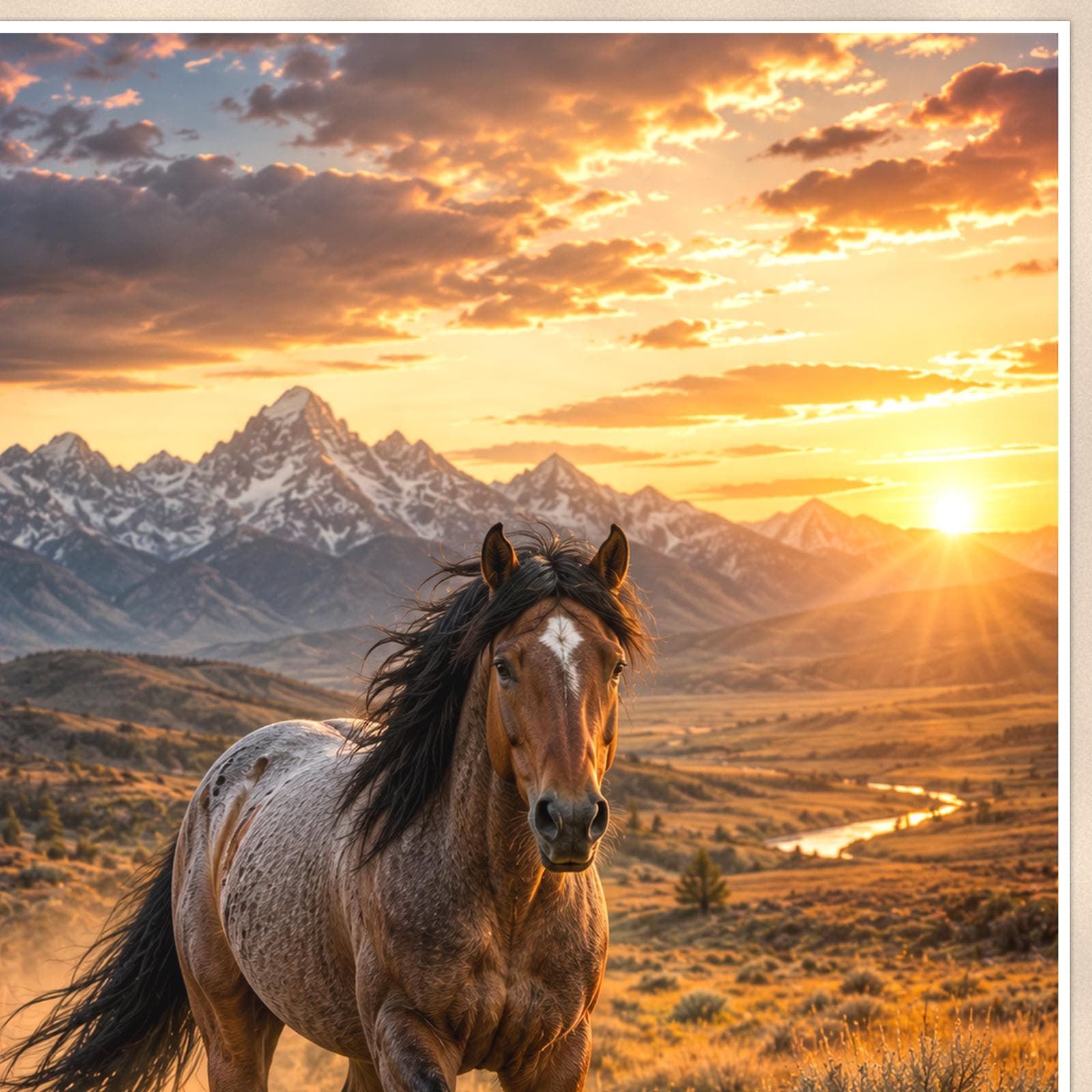 Sunset Stallion — 24x36 in art print poster, premium luster paper with a white border; close-up framed on the main subject of the artwork, paper surface visible.