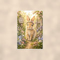 Garden Bunny — 24x36 in art print poster, premium luster paper with a white border; poster shown straight on against a warm wall.