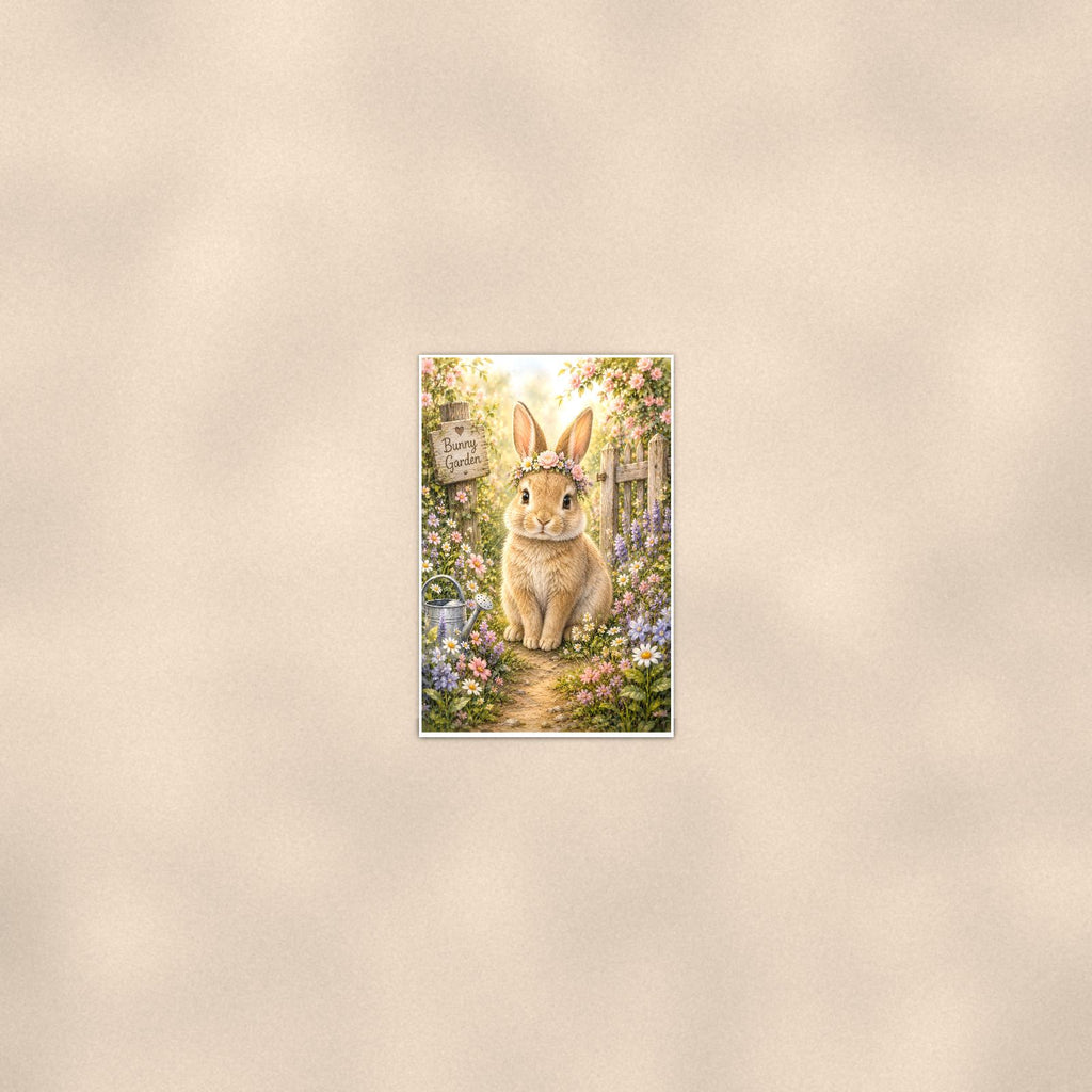 Garden Bunny — 24x36 in art print poster, premium luster paper with a white border; poster seen from further back, at true 24x36 in scale on a warm wall.