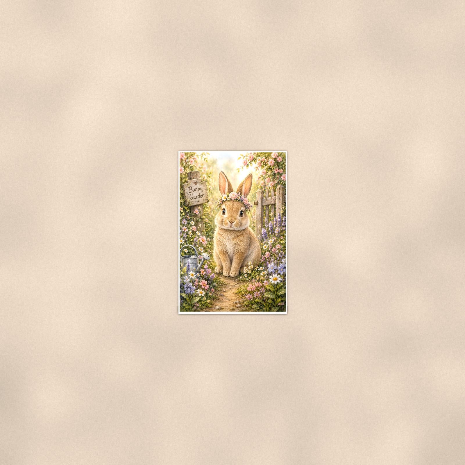 Garden Bunny — 24x36 in art print poster, premium luster paper with a white border; poster seen from further back, at true 24x36 in scale on a warm wall.