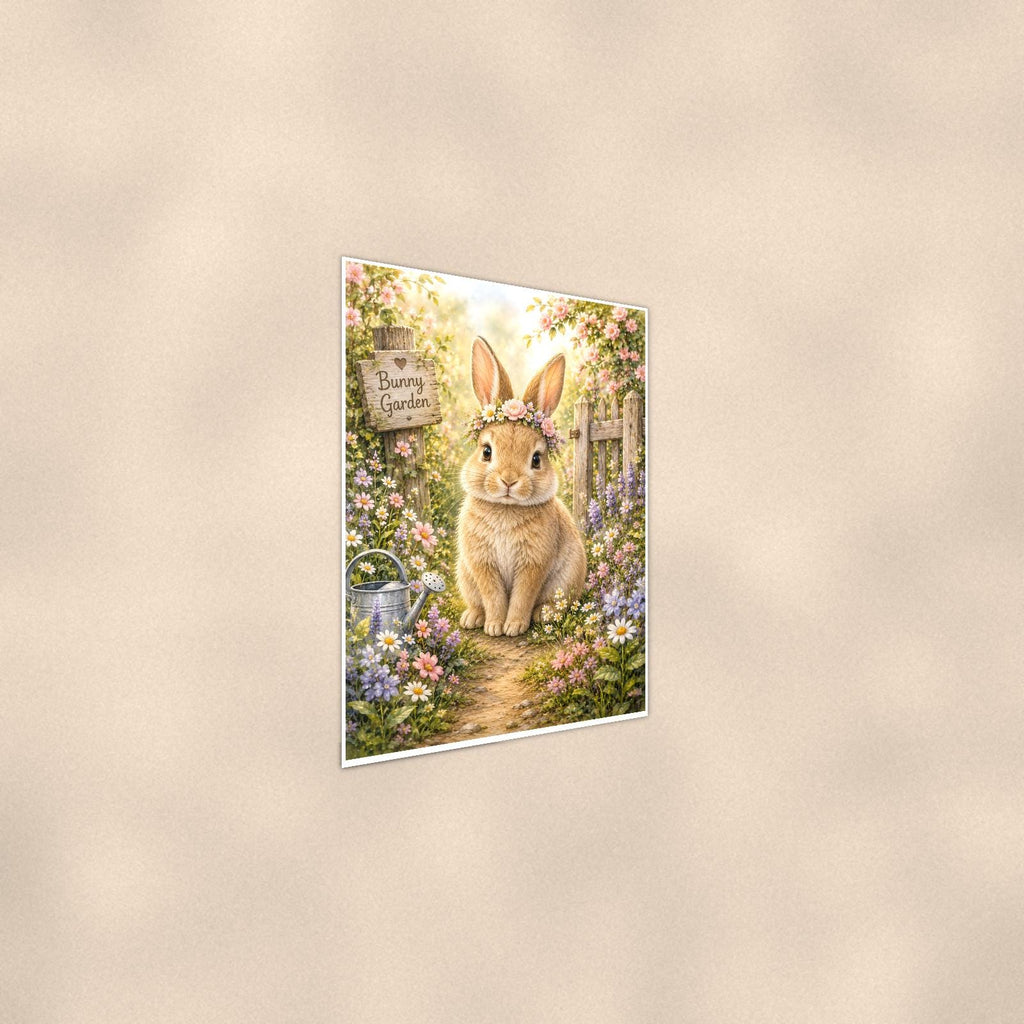 Garden Bunny — 24x36 in art print poster, premium luster paper with a white border; steeper three-quarter angle on a warm wall, catching the luster sheen.