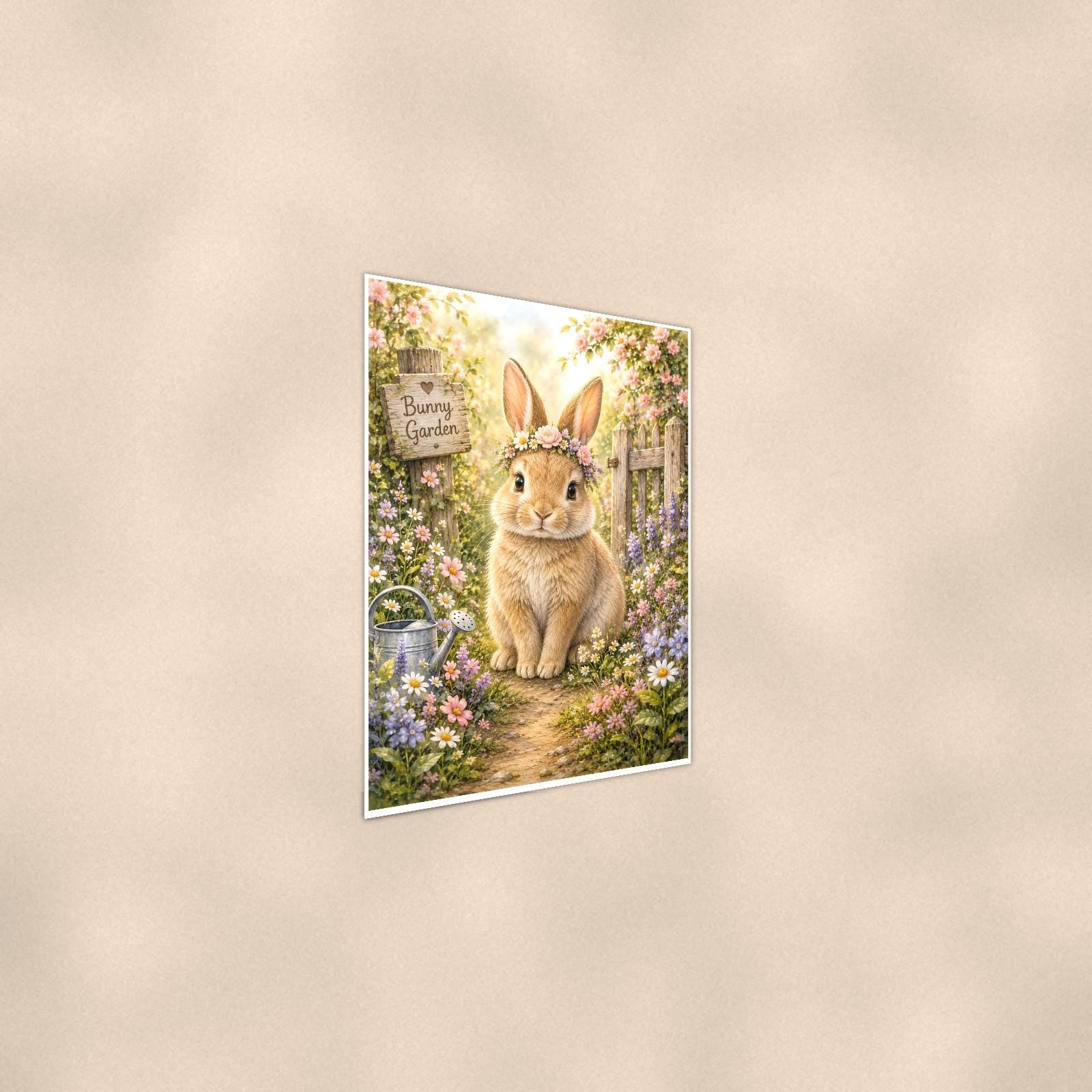 Garden Bunny — 24x36 in art print poster, premium luster paper with a white border; steeper three-quarter angle on a warm wall, catching the luster sheen.