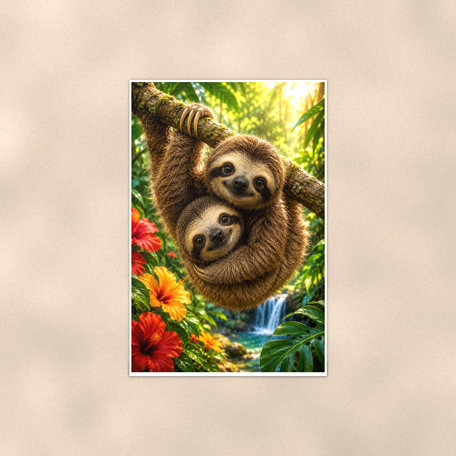 Sloth Pair — 24x36 in art print poster, premium luster paper with a white border; poster shown straight on against a warm wall.