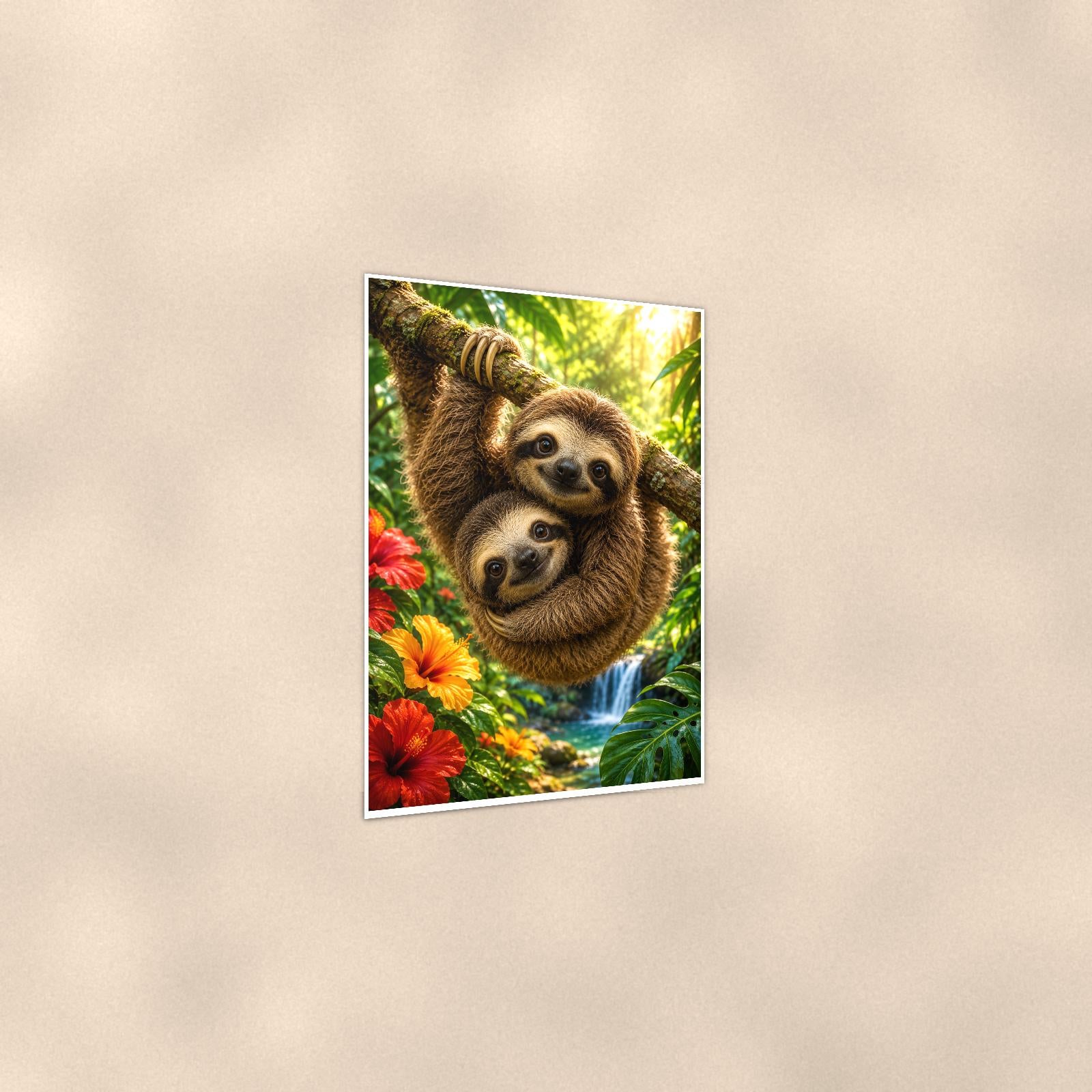 Sloth Pair — 24x36 in art print poster, premium luster paper with a white border; gentle three-quarter angle on a warm wall, showing the flat paper edge.